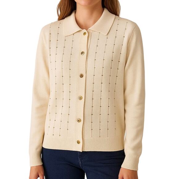 St. John Cream Santana Knit Cardigan Gold Buttons Size Medium Vintage Embellish - Picture 1 of 16